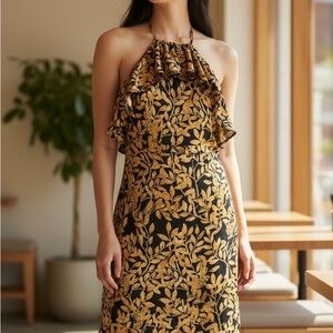 Missguided Orange Floral Leaves Print Halter Midi Dress 8